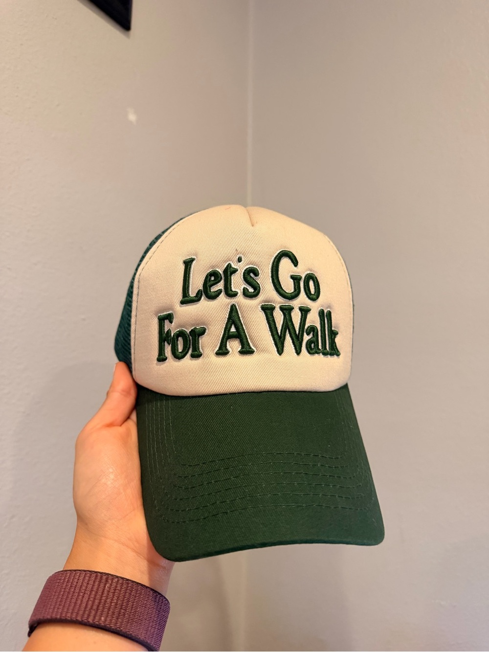 Anthropologie Green and Cream 'Let's Go For A Walk' Trucker Hat